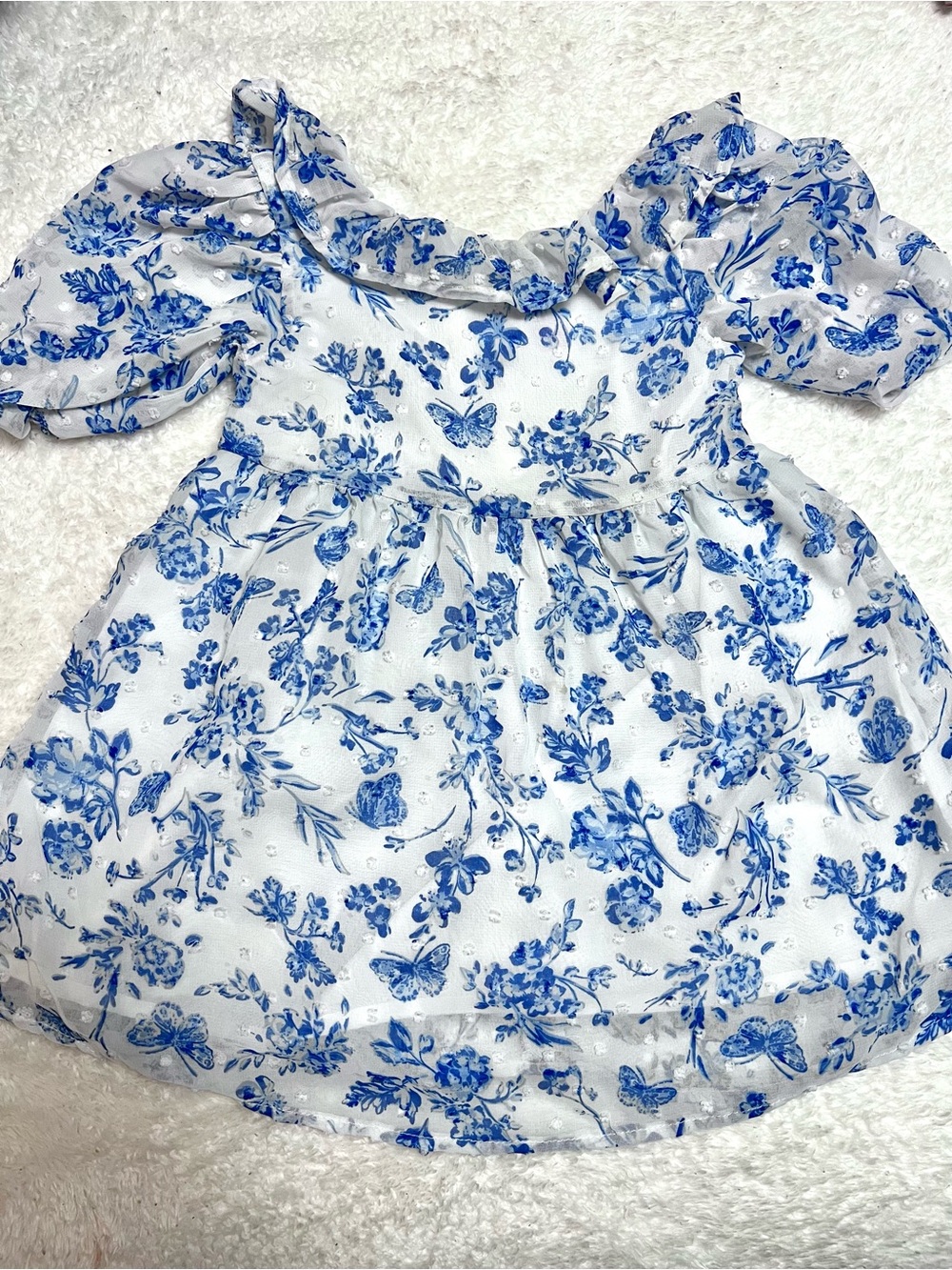 Blue Floral Puff-Sleeve Baby Dress - Kids Shirts & Tops